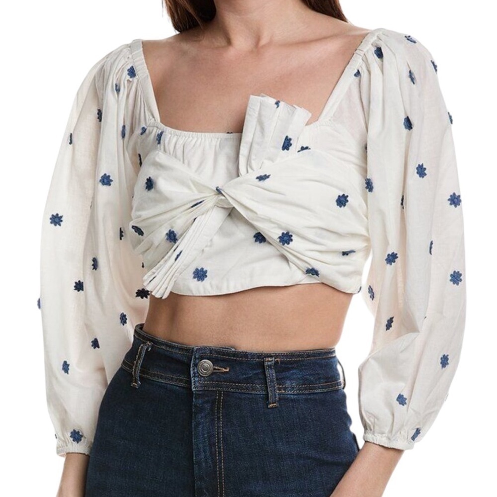 Farm Rio 100%Cotton Boohoo White and Blue Floral Long Sleeves Women's Top S M